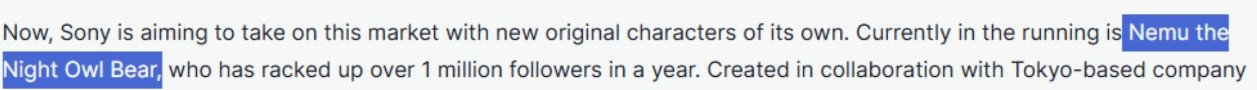 The image shows a highlighted text excerpt about Sony's new original character "Nemu the Night Owl Bear," which has amassed over 1 million followers in a year and was created in collaboration with a Tokyo-based company.

This relates to the post's reference of "$NEMU" as a potential BNB runner, likely drawing a parallel between the viral success of the Sony character and the token's hyped narrative potential.