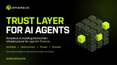 A promotional graphic for 'ameaus' titled 'TRUST LAYER FOR AI AGENTS' with the tagline 'Ameaus is building blockchain infrastructure for agentic finance,' listing features like Verifiable, Deterministic, Private, and Onchain, alongside a 3D cube logo.