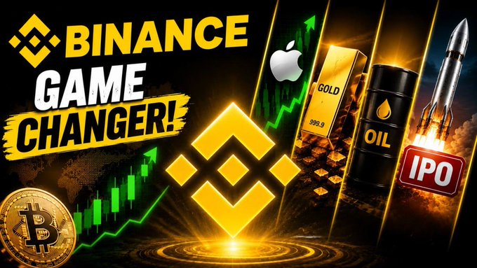 The image is a bold promotional graphic featuring the Binance logo in glowing gold at the center, with "BINANCE GAME CHANGER!" displayed prominently in the top-left. Surrounding visuals reinforce the message of Binance's expanding offerings, showing a Bitcoin coin, a green upward-trending stock chart with an Apple icon, a gold bar labeled "999.9," an oil barrel marked "OIL," and a rocket launching next to a red "IPO" badge—all illustrating Binance's evolution from a crypto exchange into a multi-asset financial platform covering stocks, gold, oil, and pre-IPO markets.