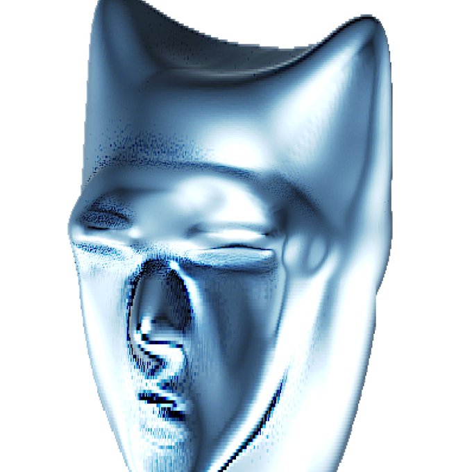 A metallic blue sculptural mask with a sleek, modern design and an open mouth.