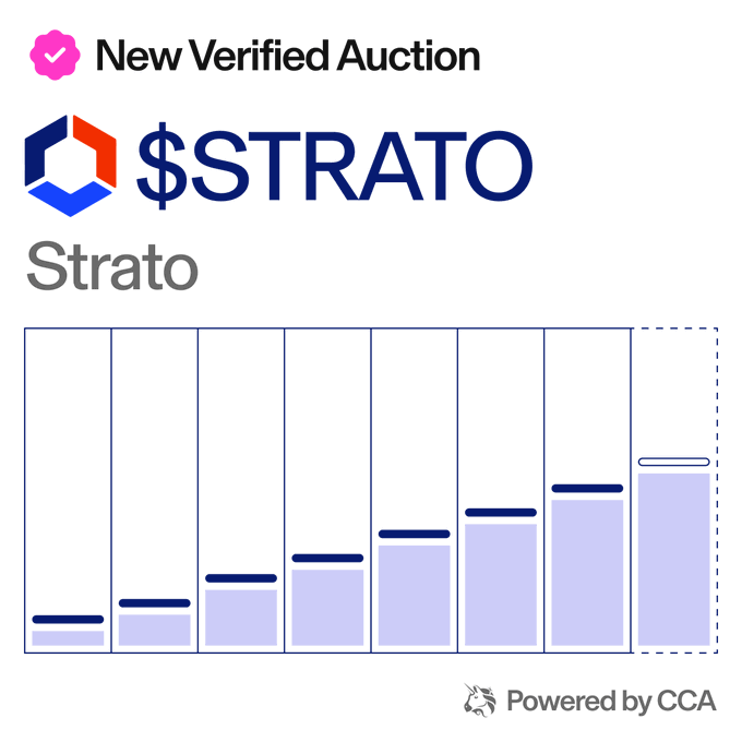 The image features a graph representing the number of bids during an auction for the cryptocurrency called "Strato" held between January and June, with purple bars representing the amount of money spent by users. The text at the top of the image confirms that this is a new verified auction and that users are allowed to bid until the end of June.