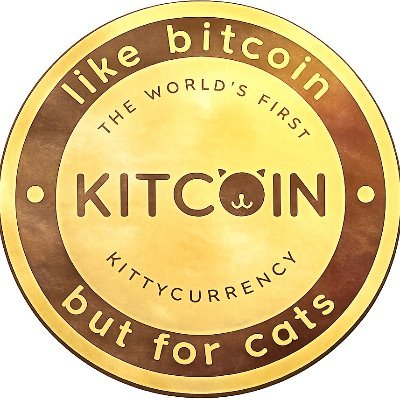 A circular gold-colored coin with text reading 'like bitcoin', 'THE WORLD'S FIRST', 'KITCIN' (with a cat face replacing the 'O'), 'KITTYCURRENCY', and 'but for cats'.
