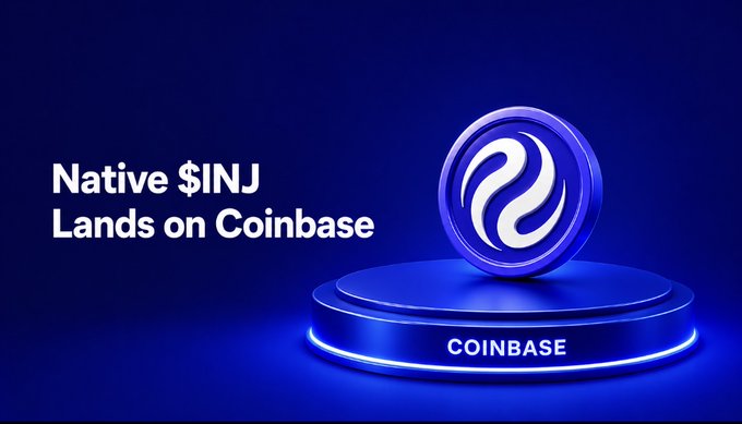 The image features a blue coinbase logo with a white circle, which is placed on a silver base against a dark blue background. The text "Native $INJ lands on Coinbase" is written above the logo, indicating that native INJ coins are being used by @coinbase for deposits and withdrawals through Injective MultiVM.