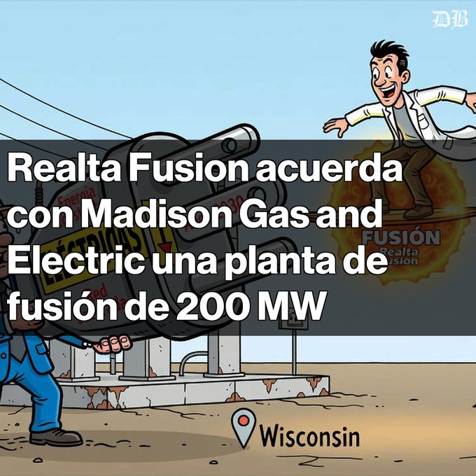 An illustrated graphic by 'DB' featuring a cartoon scientist on a hoverboard and a machine labeled 'Madison Gas and Electric,' with text announcing a 200 MW fusion plant agreement in Wisconsin.