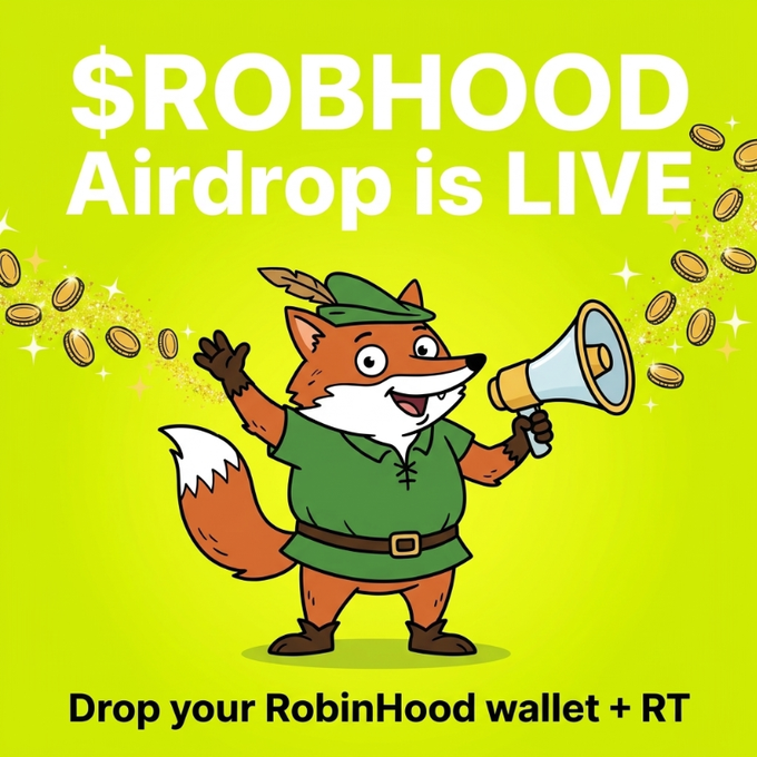 A cartoon fox dressed as Robin Hood holds a megaphone on a green background, announcing "$ROBHOOD Airdrop is LIVE" with gold coins flying around, while the bottom text reads "Drop your RobinHood wallet + RT," matching the post's call for users to share their wallets and retweet to receive the $ROBFOX airdrop.