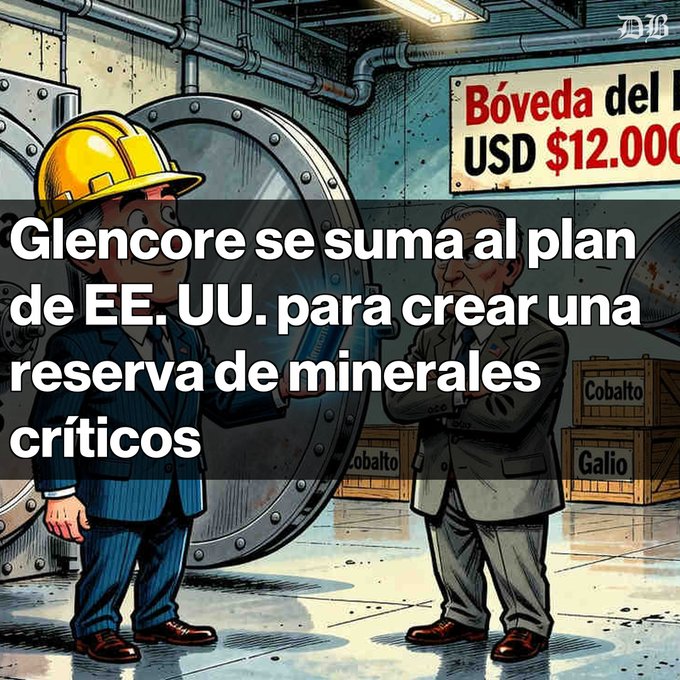 An illustration of two men in suits standing in an industrial vault with a sign reading 'Bóveda del [...] USD $12.000', overlaid with Spanish text about Glencore joining a US and EU plan to create a critical minerals reserve.