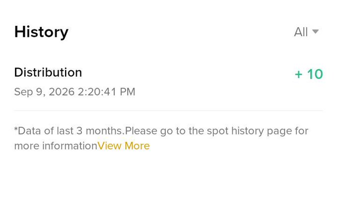 A screenshot of a financial history page showing a "Distribution" entry of +10 dated Sep 9, 2026, with a note indicating it shows data from the last 3 months.