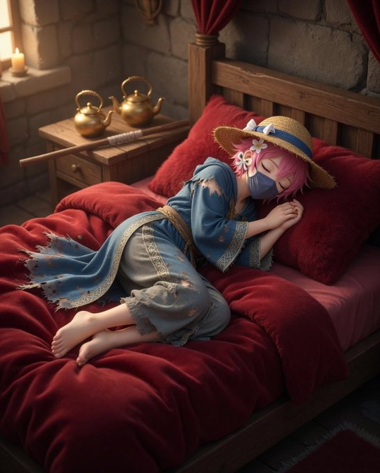 The image features a girl sleeping on a bed with a red comforter, wearing a blue robe and a straw hat. The caption reads "I'm so sleepy but somehow I'm still scrolling through @useTria updates like my ability to sleep depends on knowing what's happening in Web3". This suggests that the girl is using her phone while she sleeps, possibly browsing social media or checking updates from the Twitter bot.