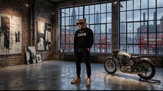 An anthropomorphic tiger figure wearing sunglasses and a black sweatshirt with 'ZAYN' written on it, standing in a loft-style room with a motorcycle and city view.
