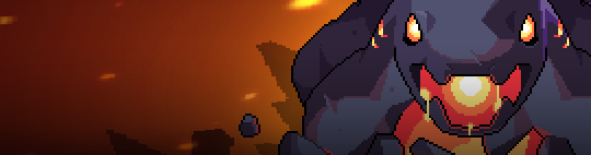 A pixel art style image showing a dark, monstrous creature with glowing orange eyes and a bright, open mouth set against a fiery orange background.