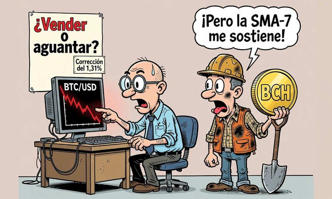 A Spanish-language cartoon showing two men looking at a computer displaying a BTC/USD chart with a downward red trend; one holds a "BCH" coin saying "¡Pero la SMA-7 me sostiene!" while a sign reads "¿Vender o aguantar? Corrección del 1,31%".
