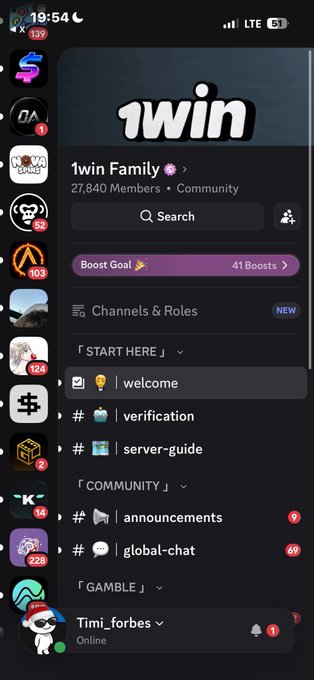 A mobile screenshot of the Discord app showing the '1win Family' community server with channels like welcome, verification, and global-chat.