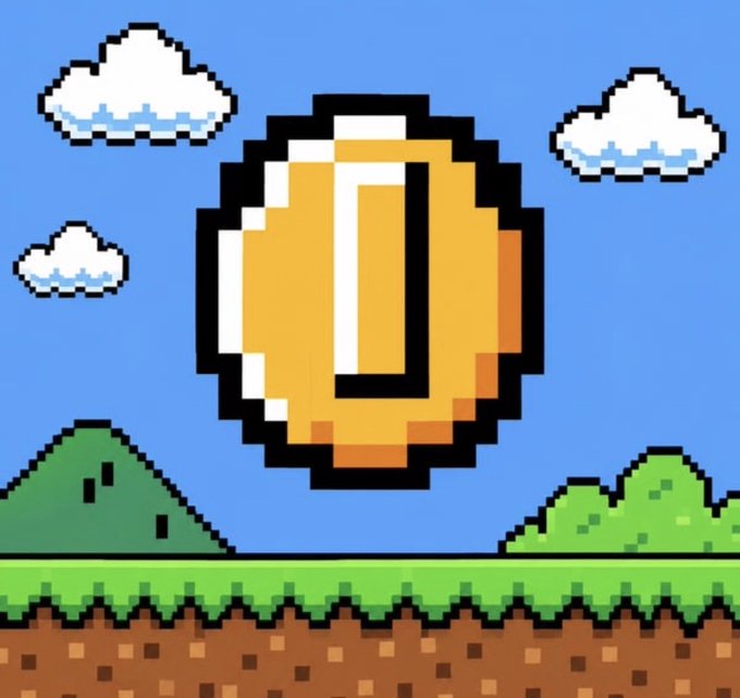 A pixel art image of a large gold coin with the letter "J" floating in a blue sky above green hills and clouds, resembling a classic video game aesthetic.