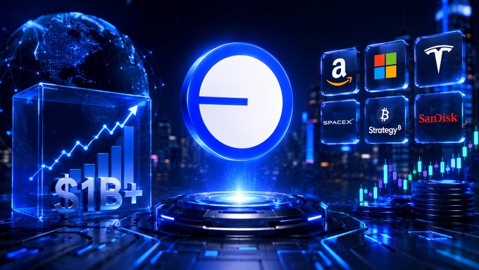 A digital composite image showing a large blue 'e' logo (for eBay) surrounded by logos for Amazon, Microsoft, Tesla, SpaceX, Strategy (Bitcoin), and SanDisk, alongside a bar chart labeled '$1B+'.