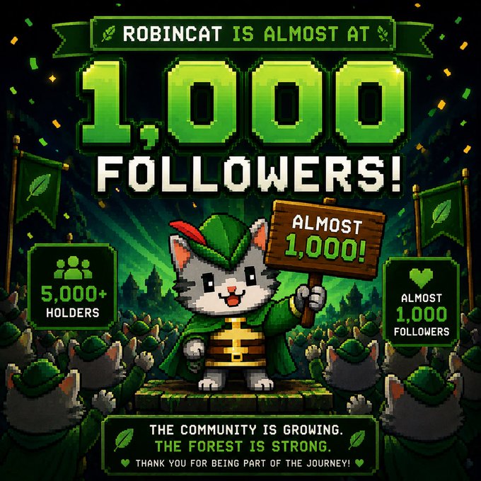 A pixel-art RobinCat celebrates with a sign reading “Almost 1,000!” as the community reaches 5,000+ holders and nearly 1,000 followers. The image emphasizes that RobinCat is spreading fast and still just getting started.