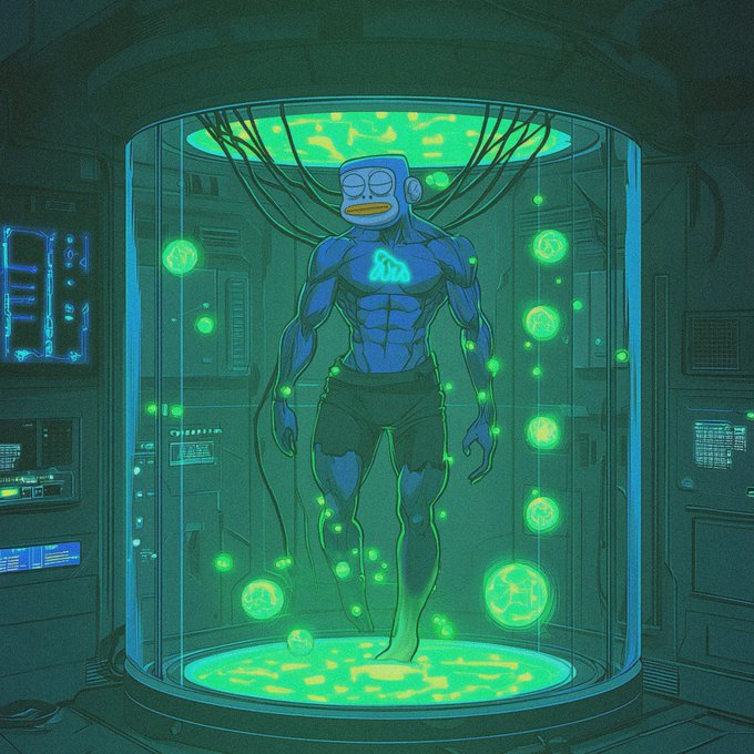 An illustration of a blue humanoid figure with a duck-like face stands inside a glowing green cylindrical tank filled with bioluminescent orbs.