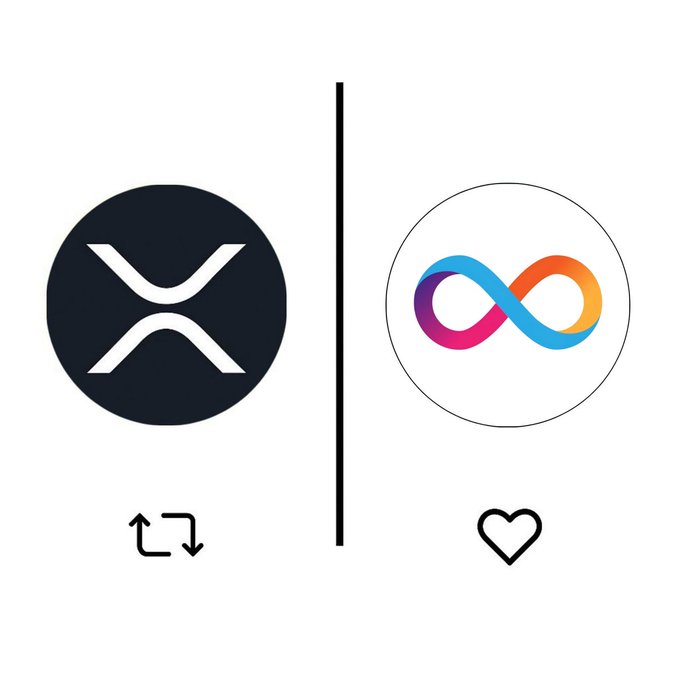 The image shows a side-by-side comparison of two cryptocurrency logos: the XRP logo (a dark circle with an "X" design) on the left, paired with a swap/exchange icon below it, and the Infinity ICS (Internet Computer) logo (a colorful infinity symbol in a white circle) on the right, paired with a heart icon—visually echoing the post's question of choosing between $XRP and $ICP as a single holding.