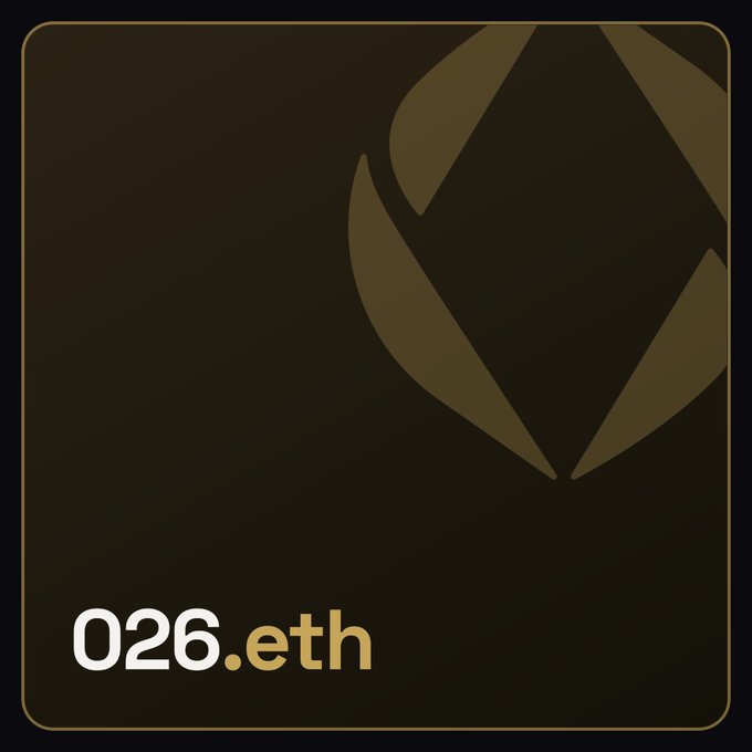 A dark brown digital asset card or NFT labeled '026.eth' with a subtle stylized logo in the background.