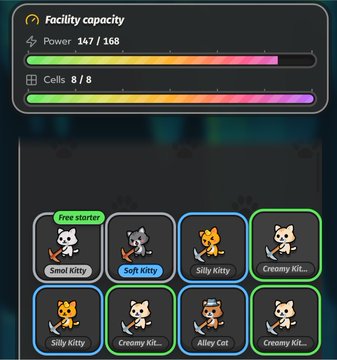 The image shows a game interface titled "Facility capacity" displaying Power (147/168) and Cells (8/8) as fully colorful bars, with a grid of 8 cat avatars including "Smoef Kitty" (free starter), "Soft Kitty," "Silly Kitty," "Creamy Kit..." and "Alley Cat" — illustrating the mining facility from the post about buying and upgrading miners using $KITTY tokens to earn passive $85/day returns.