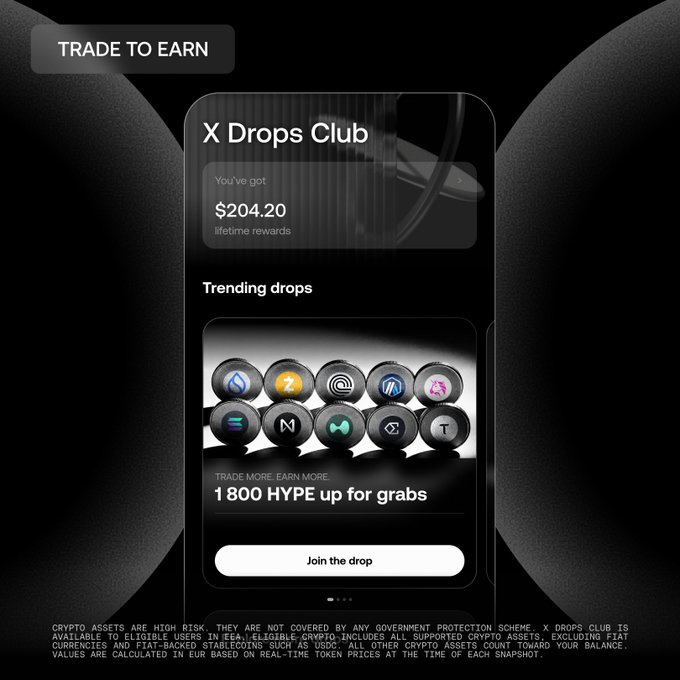 A promotional screen for "X Drops Club" showing a lifetime rewards balance of $204.20, with a "1 800 HYPE up for grabs" offer and a disclaimer about crypto asset risks.