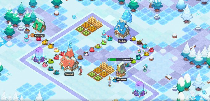 A snowy Axie Infinity terrarium village displays a winding ice path connecting labeled landmarks including "Axie Lodge," "The Dojo," "Tavern Hall," and "Atia's Shrine," surrounded by festive winter decorations, crop plots, and two glowing purple "Historic" Phantom Altars protecting the settlement. The scene visually matches the post's description of a cozy winter village featuring these key structures and protective altars.