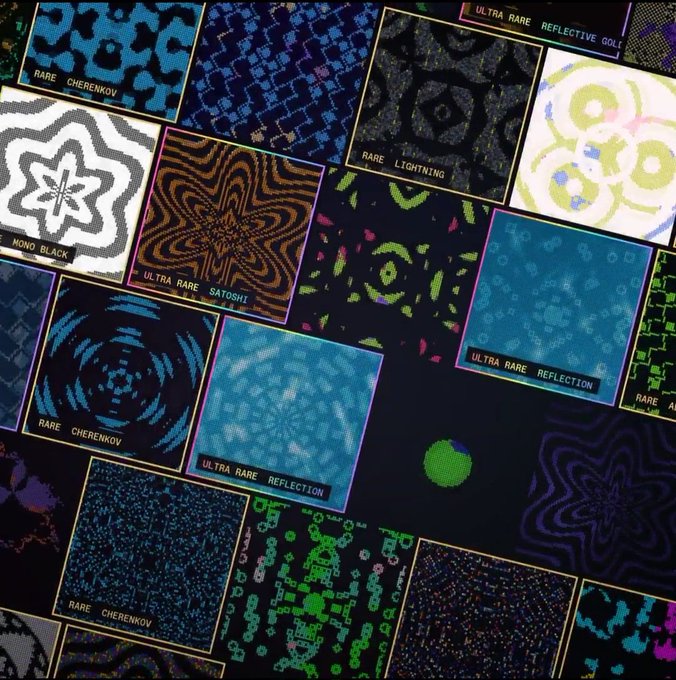 A grid of pixelated, patterned squares labeled with names like 'RARE CHERENKOV', 'ULTRA RARE SATOSHI', and 'RARE LIGHTNING', resembling digital collectibles or NFT assets.