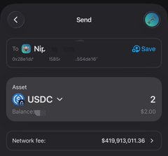 A "Send" crypto transaction screen shows a $2 USDC transfer to a recipient named "Ni.." (0x2b9c...1884) on the Arc network, with a network fee of $419,913,011.36—illustrating the context of the post's caption about absurdly high gas fees on Arc.