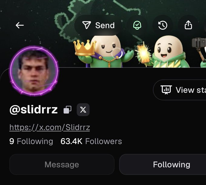 A TikTok profile page for @slidrrz shows 63.4K followers, 9 following, and links to https://x.com/Slidrrz, illustrating the user's claim of rapid follower growth on the Pump app through strong trading performance rather than prior influencer status.