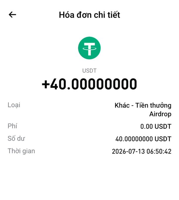 A Vietnamese crypto transaction receipt titled 'Hóa đơn chi tiết' showing a USDT balance increase of +40.00000000 with timestamp 2026-07-13 06:50:42.