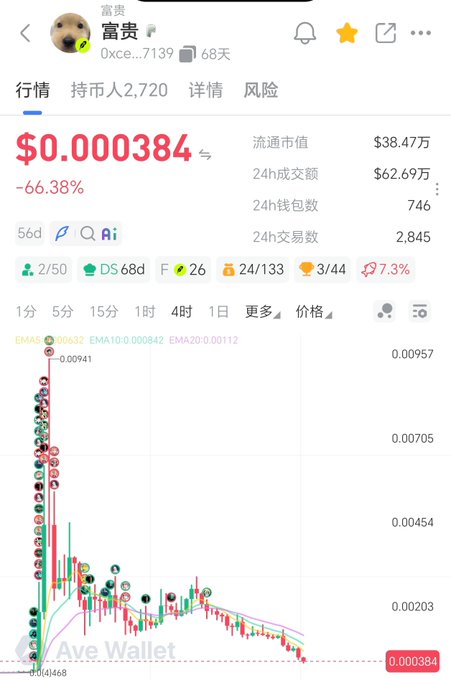 A cryptocurrency tracking app (Ave Wallet) showing the token "富贵" with price $0.000384, down 66.38%, with a downward-trending candlestick chart and various market statistics.