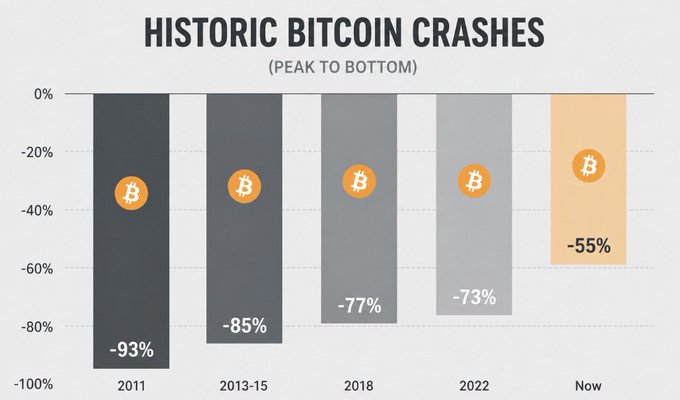 The chart titled "Historic Bitcoin Crashes (Peak to Bottom)" displays five downward bars showing major Bitcoin (₿) corrections: -93% in 2011, -85% in 2013-15, -77% in 2018, -73% in 2022, and -55% "Now." It supports the caption "Perspective matters" by illustrating that even the current 55% drawdown, while painful, is the shallowest of Bitcoin's historical crashes, suggesting prior recoveries followed similar steep declines.