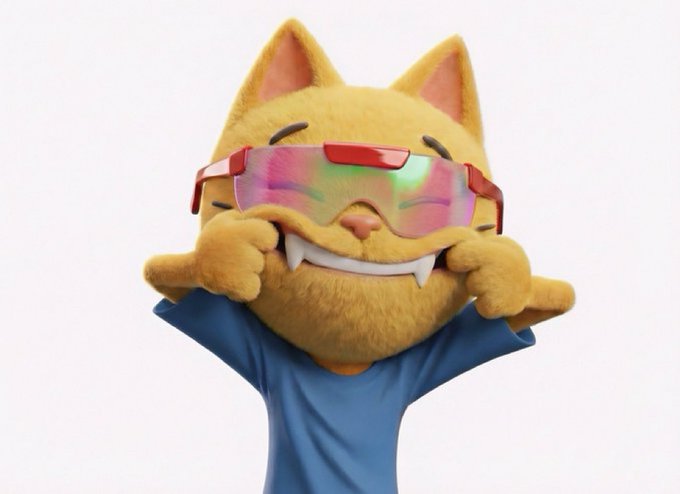 A 3D-rendered yellow cat character wearing reflective rainbow sunglasses smiles widely, showing fangs, while pulling at its cheeks in a blue shirt.