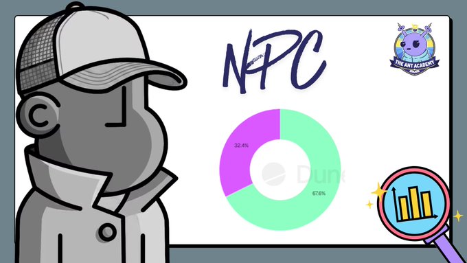 The image features a cartoon man standing beside a whiteboard with a graph depicting the percentage of all NPC holders who have ever sold at least one of their purchases, along with an analysis of the data presented. The man appears to be a professional poker player or agent involved in selling virtual items in a game like Pokemon. He is wearing a hat and jacket that match his overall appearance, and he seems focused on the details of this information provided by the image.
