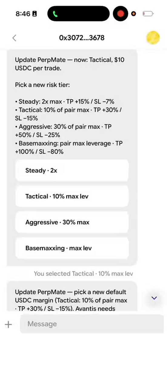 The text above shows a phone conversation about trading crypto with a messaging app that displays several options such as choosing between two trade tiers (base maximizing or target maximizing), selecting from several risk profiles, and checking for new trades made by others. The main focus of this message is on steady trading which is the primary topic displayed on the screen in the image.