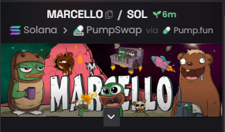 Crypto token profile showing 'MARCELLO / SOL' with Solana, PumpSwap, and Pump.fun ecosystem badges and cartoon Pepe-style characters.