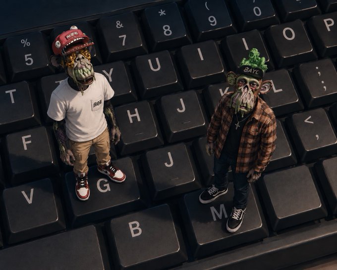 Two Bored Ape Yacht Club (BAYC) NFT figurines dressed in streetwear—a white shirt with red cap and a plaid shirt with green crown—posed on a black computer keyboard.