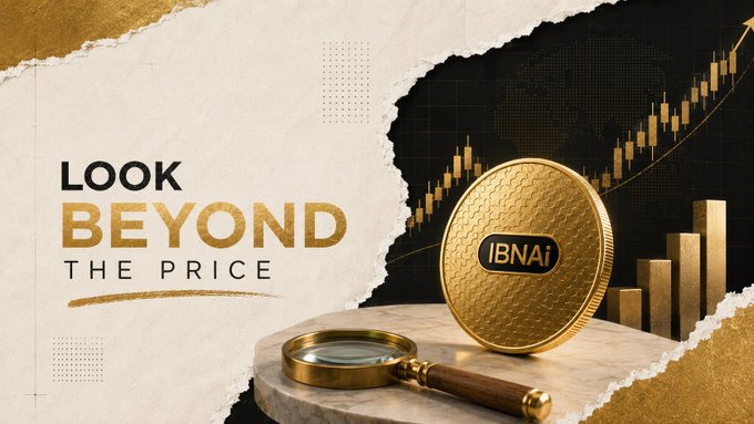 An advertisement displays a gold coin labeled "IBNAi" next to a magnifying glass, with the text "LOOK BEYOND THE PRICE" and a background featuring a rising financial chart.