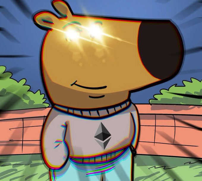 An animated cartoon Shiba Inu character with glowing eyes wearing a white sweater with the Ethereum logo, set against a background with motion lines.
