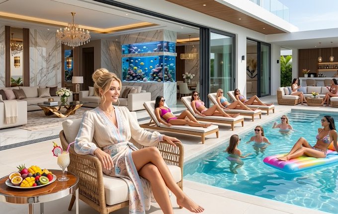 The image shows a woman sitting in a chair by a pool with several other people around her. The scene appears to be at a luxurious resort or beachside property where guests can relax and enjoy themselves. There are multiple chairs, some of which have people lounging on them, while others are empty. A dining table is also present near the pool area.

The image seems to be related to a post about spending a relaxing Sunday by the pool at a resort or beachside property. The woman in the chair appears to be enjoying her time and possibly taking a break from work or other responsibilities, while others around her are engaged in various activities such as swimming, sunbathing, or socializing with each other.