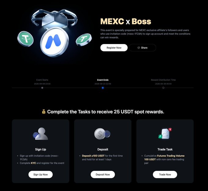 A promotional banner for a "MEXC x Boss" event offering 25 USDT spot rewards to users who sign up with invitation code "mexc-1F2dh" between September 9-23, 2026, and complete three tasks: signing up, depositing ≥100 USDT, and achieving a cumulative futures trading volume of 100 USDT with a non-zero fee trading pair.