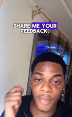 A short video clip of a young man indoors asking for feedback, with the text overlay 'SHARE ME YOUR FEEDBACK!' in purple.