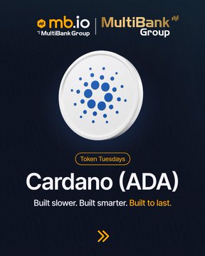 A promotional graphic for "Token Tuesdays" featuring the mb.io and MultiBank Group logos at the top, with a large white circular emblem displaying the blue Cardano dot logo in the center. Below the emblem, text reads "Cardano (ADA)" with the tagline "Built slower. Built smarter. Built to last," highlighting ADA as this week's featured token on the mb.io platform.