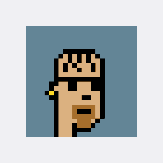 A pixel art illustration depicts a stylized figure with a peach-colored face, black hair, and a brown beard against a blue background.
