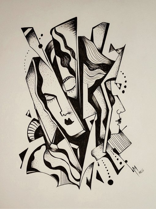 A black ink illustration featuring a stylized female face integrated into sharp geometric shapes with flowing hair, signed 'MR' and dated 'MR/22'.
