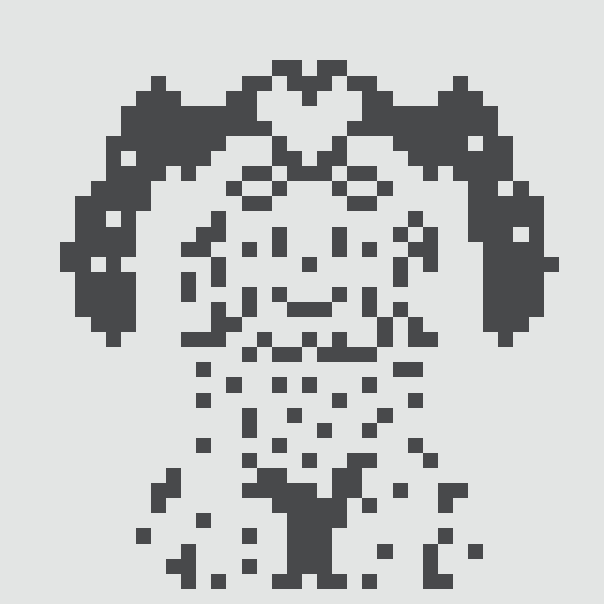 Pixel art portrait of a smiling figure with dark hair, rendered in a dark color on a white background.