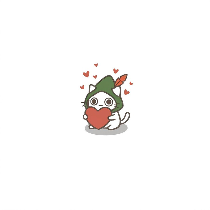 A cute cartoon cat wearing a green Robin Hood-style hat with a red feather is hugging a large red heart, surrounded by smaller floating hearts. The image perfectly matches the post's request to buy $5 worth of the "$hoocat" memecoin, as the illustration appears to be the mascot/logo for the token.