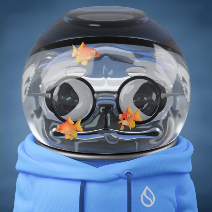 3D rendering of a character wearing a chrome robotic helmet with a glass dome filled with water and goldfish, paired with a blue hoodie bearing a water drop logo.