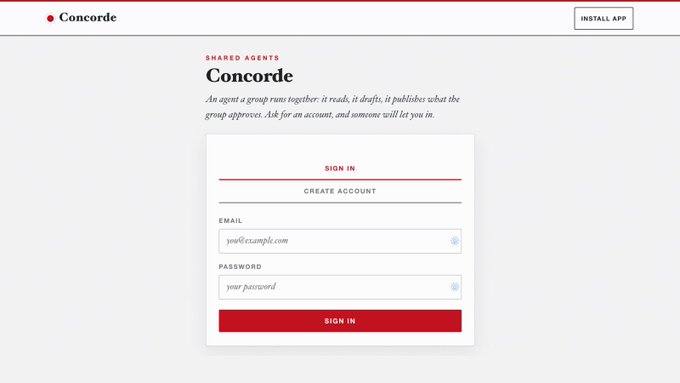Concorde 'Shared Agents' sign-in webpage with a clean white interface, featuring email and password fields and a red 'SIGN IN' button.