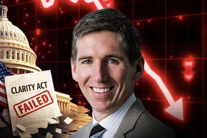 The image features Matt Hougan, Bitwise's CIO, smiling confidently against a backdrop of the U.S. Capitol and a declining red market chart, alongside a "Clarity Act" document stamped "FAILED." It visually supports the breaking news claim that even if the Clarity Act fails, crypto will be fine—pairing his reassuring message with symbols of legislative setback and market volatility.