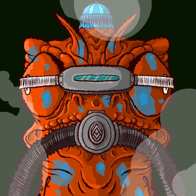 A digital illustration of an orange and blue scaly, armor-like creature or suit with a visor, blue dome on its head, and a chest emblem.